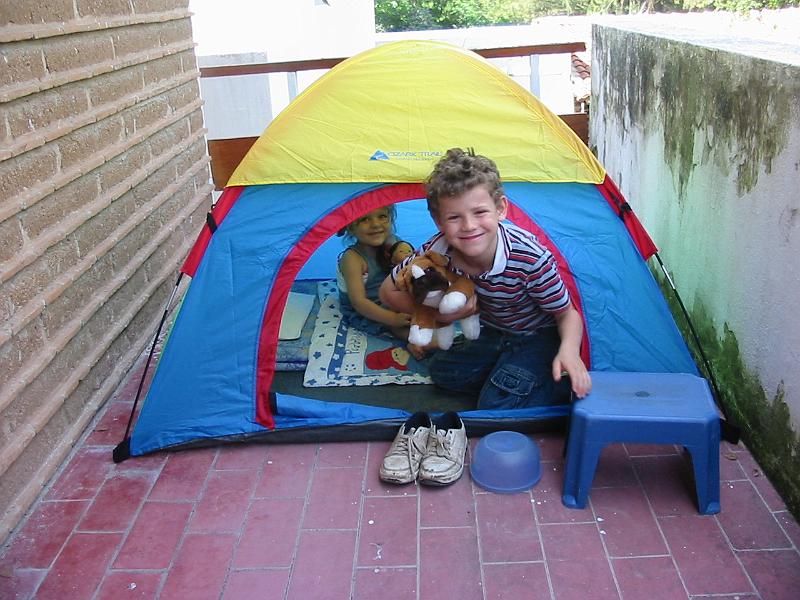 6-03.JPG - Steven and Kika playing in Steve's birthday present--a tent!